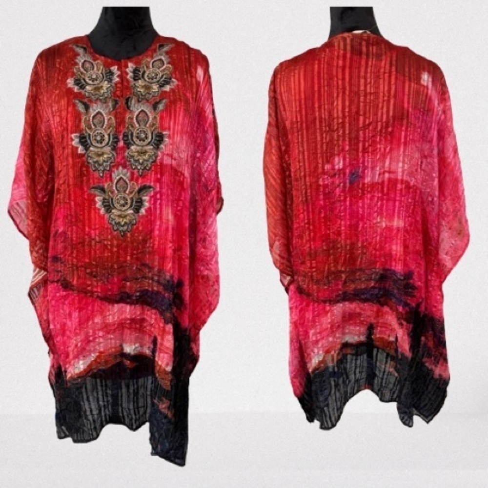 Soft Surroundings Luxurious Embroidered Kaftan Swim Cover Up Size L Cruise Wear